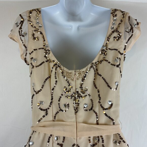 Shail K. Romper 2 Cream Brown Sequin Rhinestones Lined Short Sleeve Tie Waist - Picture 10 of 14